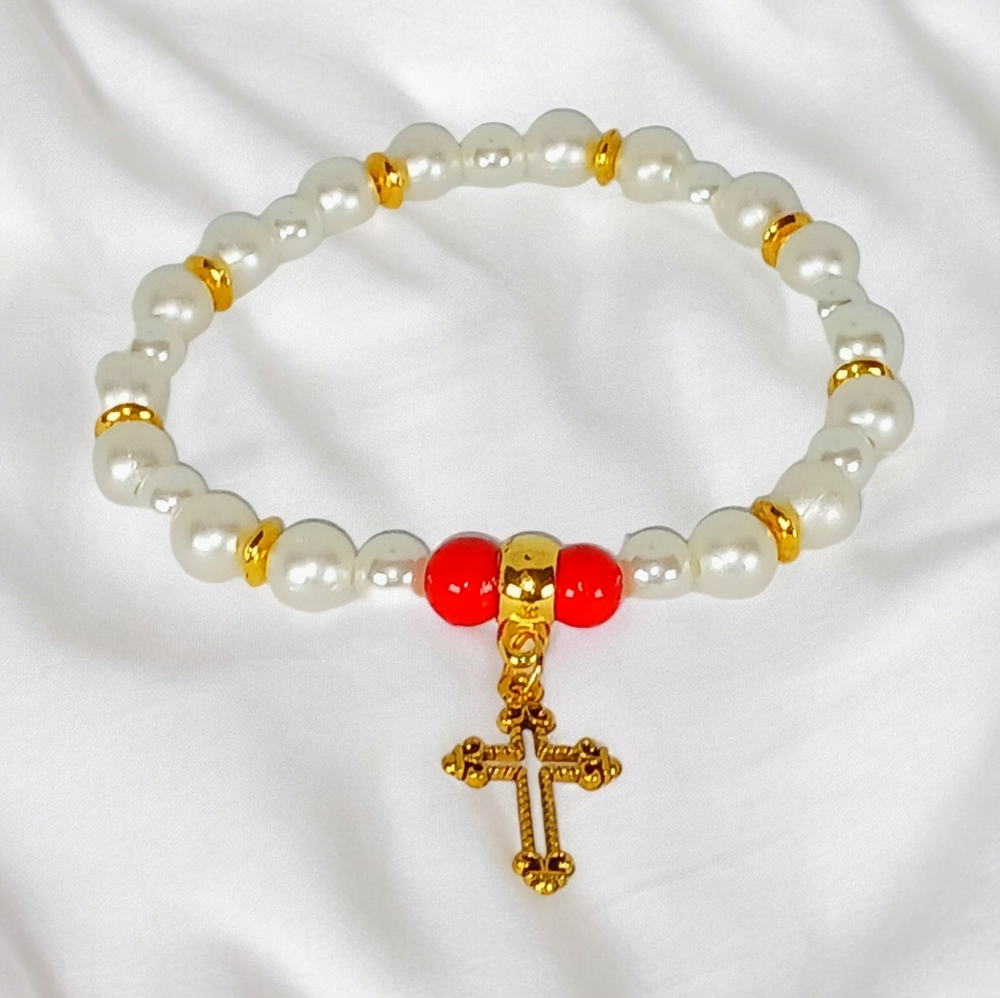 White Pearl Red Coral Bracelet Gold Cross Charm Religious Chic Streetwear Y2k